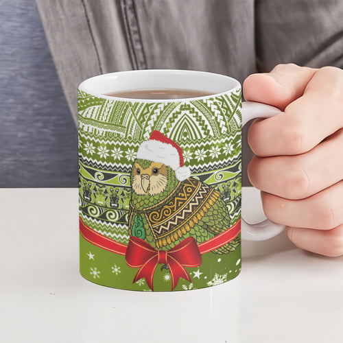 New Zealand Kakapo Christmas Ceramic Mug Maori Inspired Knitted Patterns