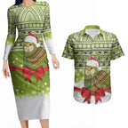 New Zealand Kakapo Christmas Couples Matching Long Sleeve Bodycon Dress and Hawaiian Shirt Maori Inspired Knitted Patterns