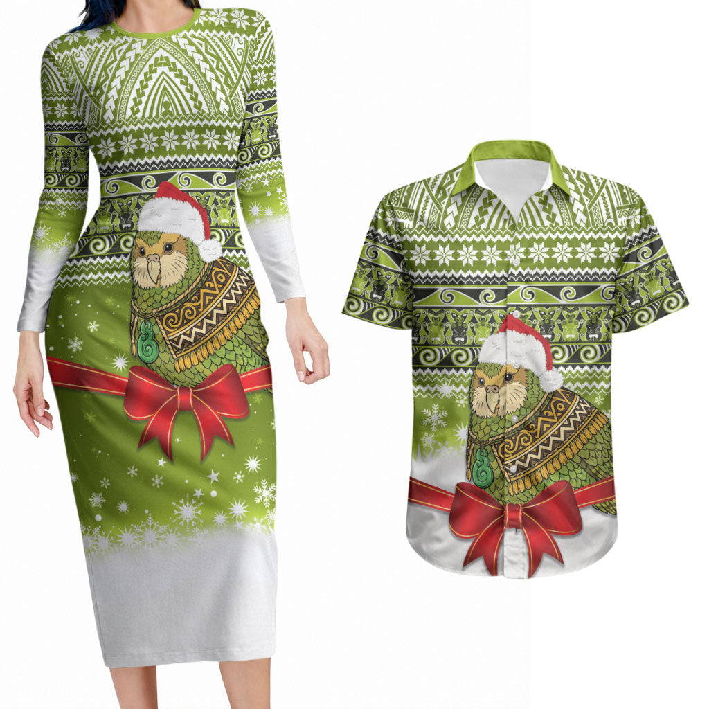 New Zealand Kakapo Christmas Couples Matching Long Sleeve Bodycon Dress and Hawaiian Shirt Maori Inspired Knitted Patterns
