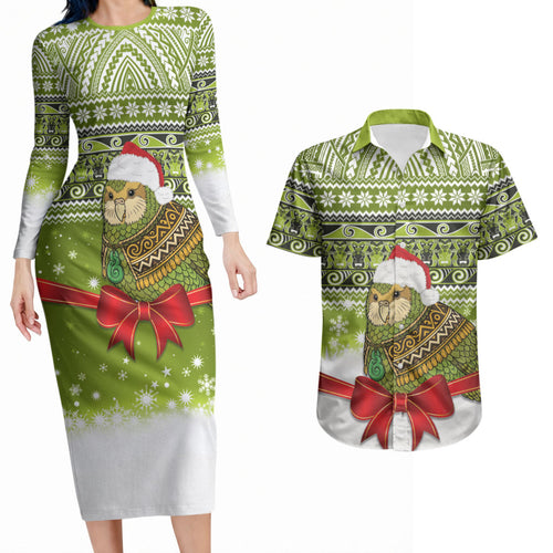 New Zealand Kakapo Christmas Couples Matching Long Sleeve Bodycon Dress and Hawaiian Shirt Maori Inspired Knitted Patterns