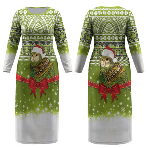 New Zealand Kakapo Christmas Couples Matching Long Sleeve Bodycon Dress and Hawaiian Shirt Maori Inspired Knitted Patterns