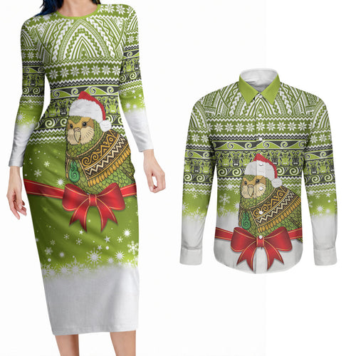 New Zealand Kakapo Christmas Couples Matching Long Sleeve Bodycon Dress and Long Sleeve Button Shirt Maori Inspired Knitted Patterns