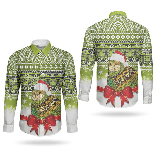New Zealand Kakapo Christmas Couples Matching Long Sleeve Bodycon Dress and Long Sleeve Button Shirt Maori Inspired Knitted Patterns