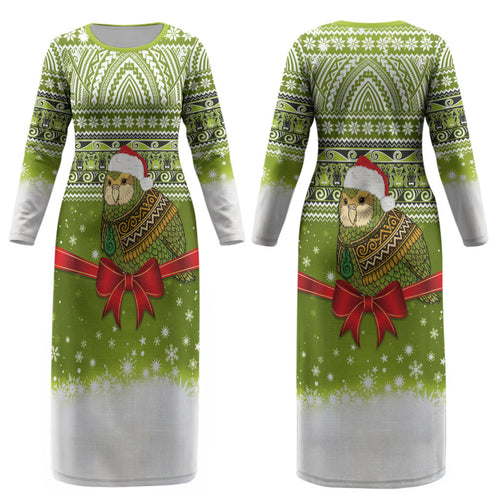 New Zealand Kakapo Christmas Couples Matching Long Sleeve Bodycon Dress and Long Sleeve Button Shirt Maori Inspired Knitted Patterns