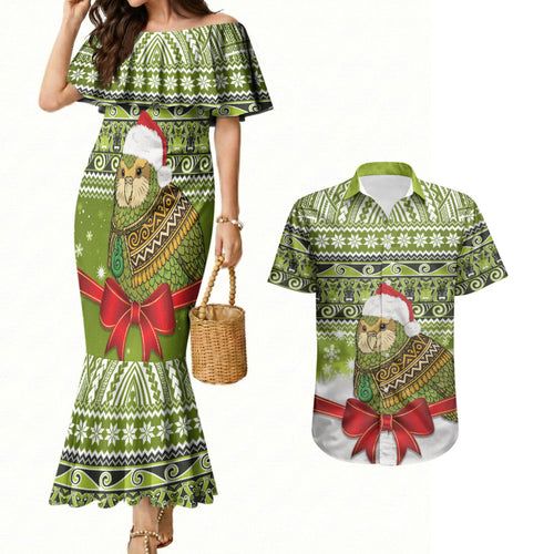 New Zealand Kakapo Christmas Couples Matching Mermaid Dress and Hawaiian Shirt Maori Inspired Knitted Patterns