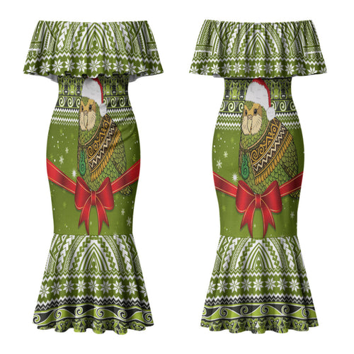 New Zealand Kakapo Christmas Couples Matching Mermaid Dress and Hawaiian Shirt Maori Inspired Knitted Patterns