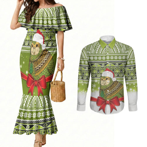 New Zealand Kakapo Christmas Couples Matching Mermaid Dress and Long Sleeve Button Shirt Maori Inspired Knitted Patterns