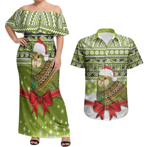 New Zealand Kakapo Christmas Couples Matching Off Shoulder Maxi Dress and Hawaiian Shirt Maori Inspired Knitted Patterns