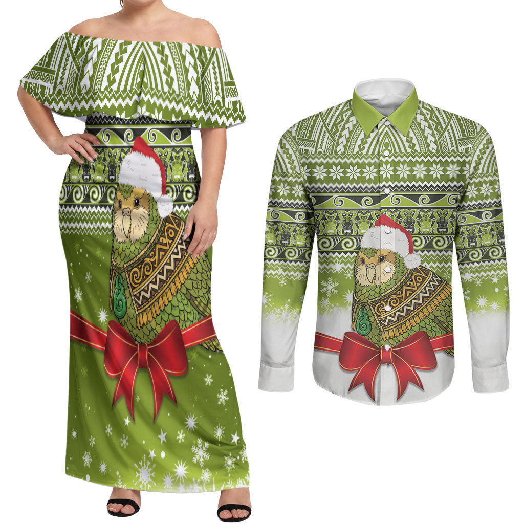 New Zealand Kakapo Christmas Couples Matching Off Shoulder Maxi Dress and Long Sleeve Button Shirt Maori Inspired Knitted Patterns