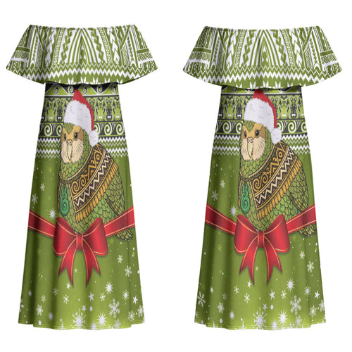 New Zealand Kakapo Christmas Couples Matching Off Shoulder Maxi Dress and Long Sleeve Button Shirt Maori Inspired Knitted Patterns