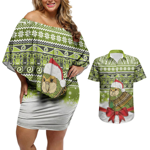 New Zealand Kakapo Christmas Couples Matching Off Shoulder Short Dress and Hawaiian Shirt Maori Inspired Knitted Patterns