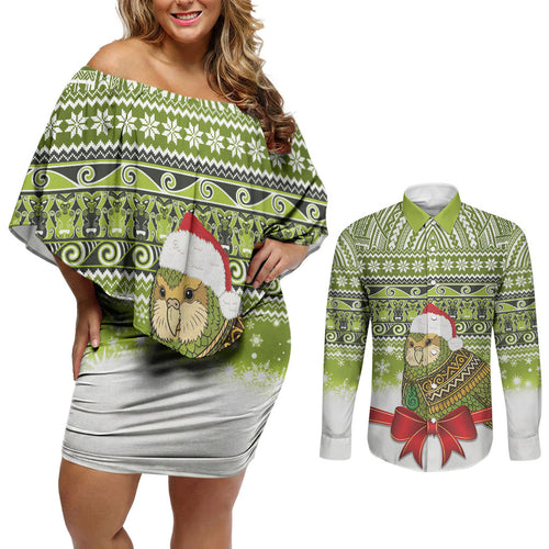 New Zealand Kakapo Christmas Couples Matching Off Shoulder Short Dress and Long Sleeve Button Shirt Maori Inspired Knitted Patterns