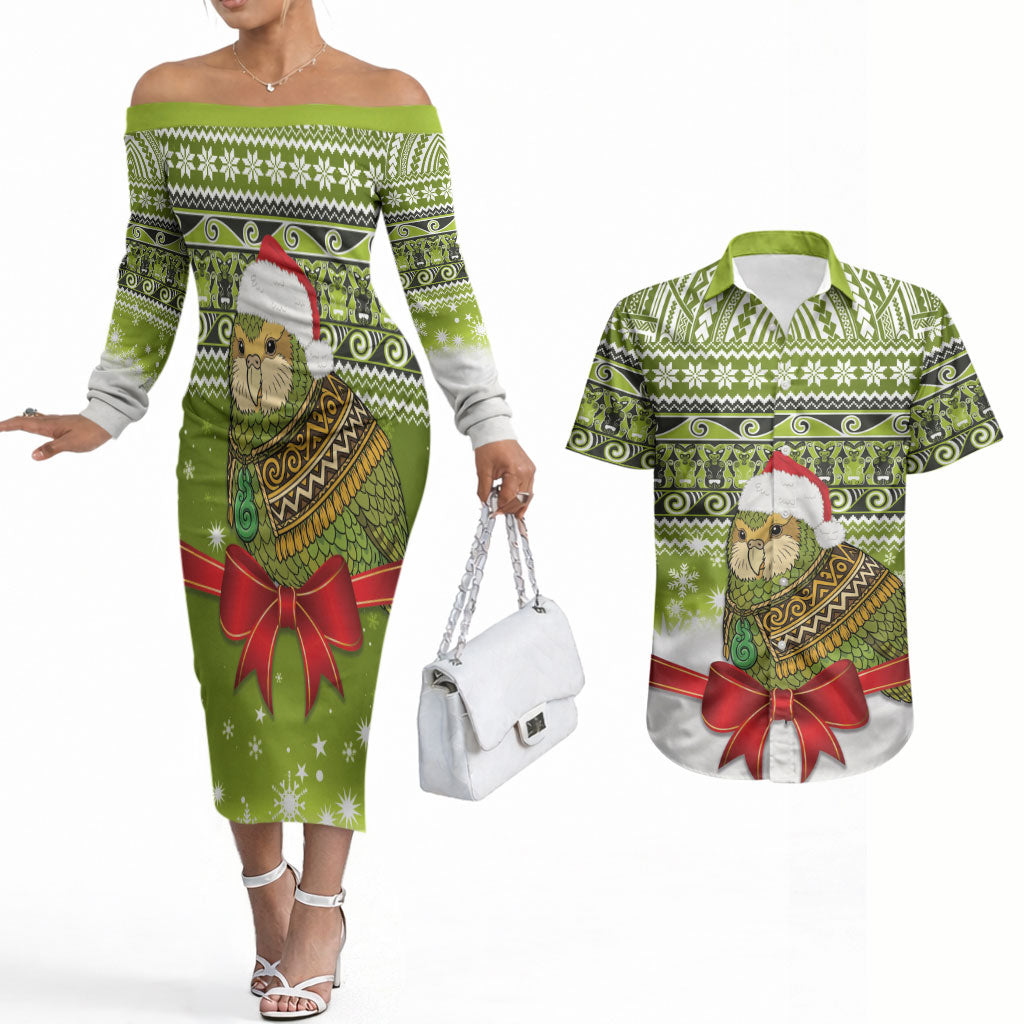 New Zealand Kakapo Christmas Couples Matching Off The Shoulder Long Sleeve Dress and Hawaiian Shirt Maori Inspired Knitted Patterns