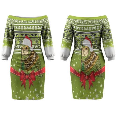 New Zealand Kakapo Christmas Couples Matching Off The Shoulder Long Sleeve Dress and Hawaiian Shirt Maori Inspired Knitted Patterns