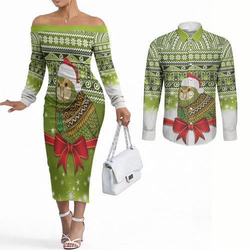 New Zealand Kakapo Christmas Couples Matching Off The Shoulder Long Sleeve Dress and Long Sleeve Button Shirt Maori Inspired Knitted Patterns