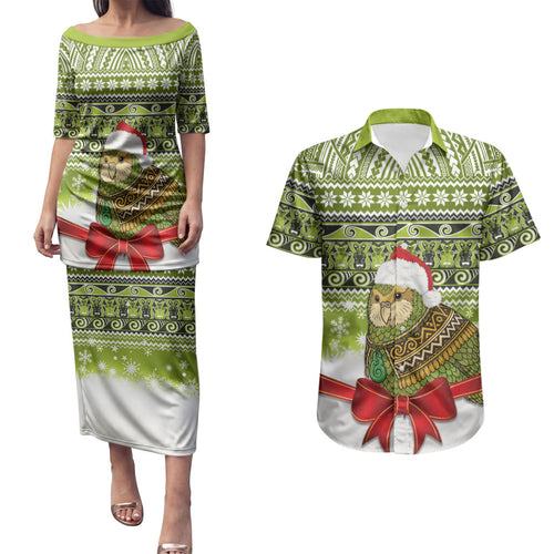 New Zealand Kakapo Christmas Couples Matching Puletasi and Hawaiian Shirt Maori Inspired Knitted Patterns