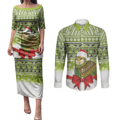 New Zealand Kakapo Christmas Couples Matching Puletasi and Long Sleeve Button Shirt Maori Inspired Knitted Patterns