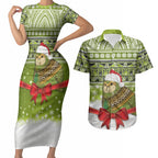 New Zealand Kakapo Christmas Couples Matching Short Sleeve Bodycon Dress and Hawaiian Shirt Maori Inspired Knitted Patterns