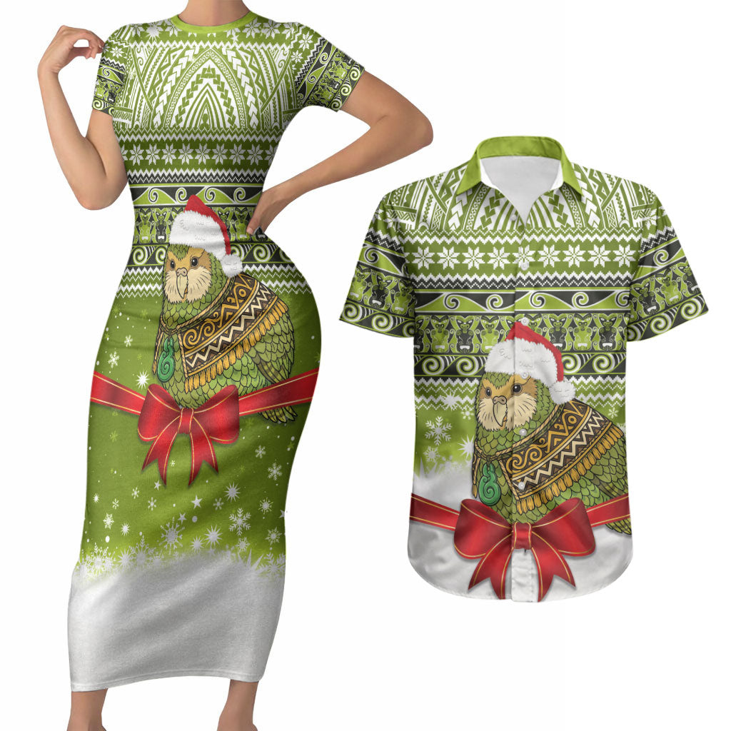 New Zealand Kakapo Christmas Couples Matching Short Sleeve Bodycon Dress and Hawaiian Shirt Maori Inspired Knitted Patterns