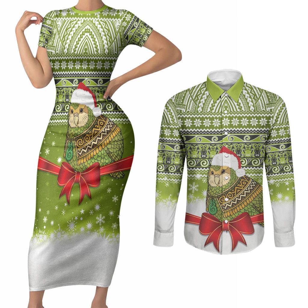 New Zealand Kakapo Christmas Couples Matching Short Sleeve Bodycon Dress and Long Sleeve Button Shirt Maori Inspired Knitted Patterns
