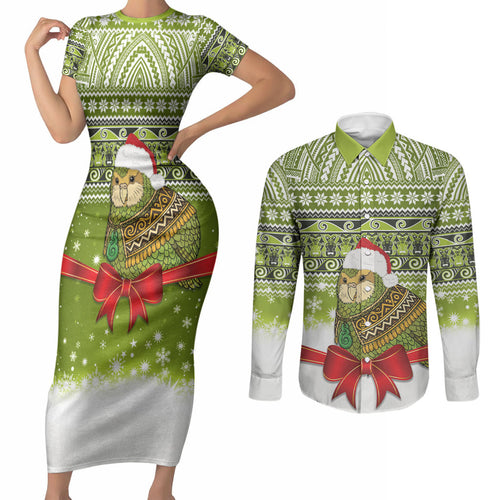 New Zealand Kakapo Christmas Couples Matching Short Sleeve Bodycon Dress and Long Sleeve Button Shirt Maori Inspired Knitted Patterns