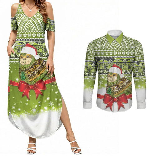 New Zealand Kakapo Christmas Couples Matching Summer Maxi Dress and Long Sleeve Button Shirt Maori Inspired Knitted Patterns