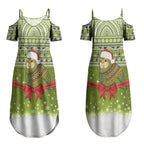New Zealand Kakapo Christmas Couples Matching Summer Maxi Dress and Long Sleeve Button Shirt Maori Inspired Knitted Patterns