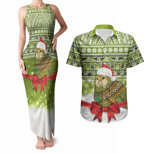 New Zealand Kakapo Christmas Couples Matching Tank Maxi Dress and Hawaiian Shirt Maori Inspired Knitted Patterns