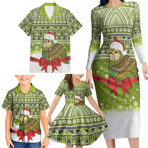 New Zealand Kakapo Christmas Family Matching Long Sleeve Bodycon Dress and Hawaiian Shirt Maori Inspired Knitted Patterns