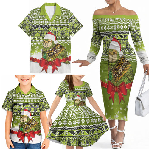 New Zealand Kakapo Christmas Family Matching Off The Shoulder Long Sleeve Dress and Hawaiian Shirt Maori Inspired Knitted Patterns