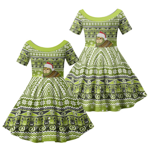 New Zealand Kakapo Christmas Family Matching Off Shoulder Maxi Dress and Hawaiian Shirt Maori Inspired Knitted Patterns