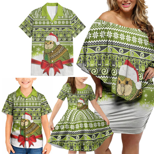 New Zealand Kakapo Christmas Family Matching Off Shoulder Short Dress and Hawaiian Shirt Maori Inspired Knitted Patterns