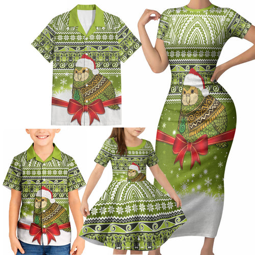 New Zealand Kakapo Christmas Family Matching Short Sleeve Bodycon Dress and Hawaiian Shirt Maori Inspired Knitted Patterns