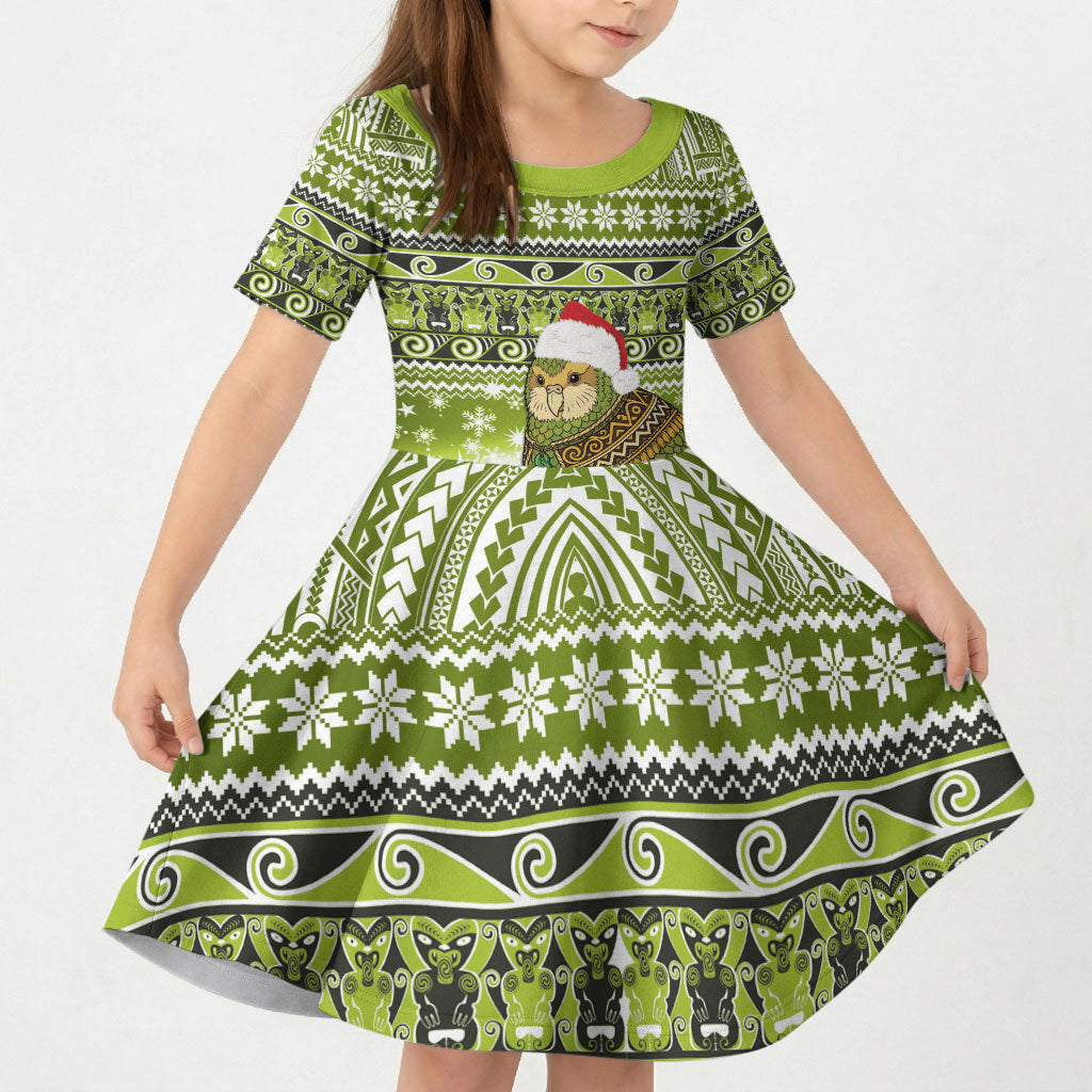 New Zealand Kakapo Christmas Kid Short Sleeve Dress Maori Inspired Knitted Patterns