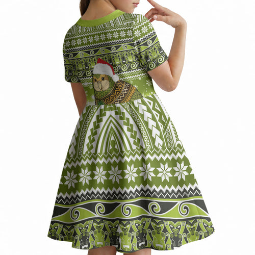 New Zealand Kakapo Christmas Kid Short Sleeve Dress Maori Inspired Knitted Patterns
