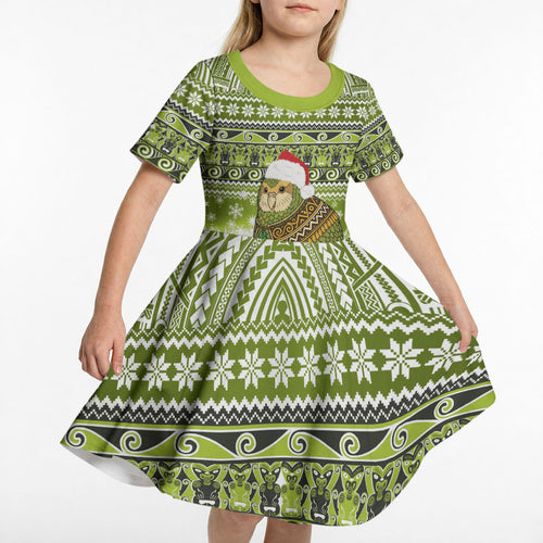 New Zealand Kakapo Christmas Kid Short Sleeve Dress Maori Inspired Knitted Patterns