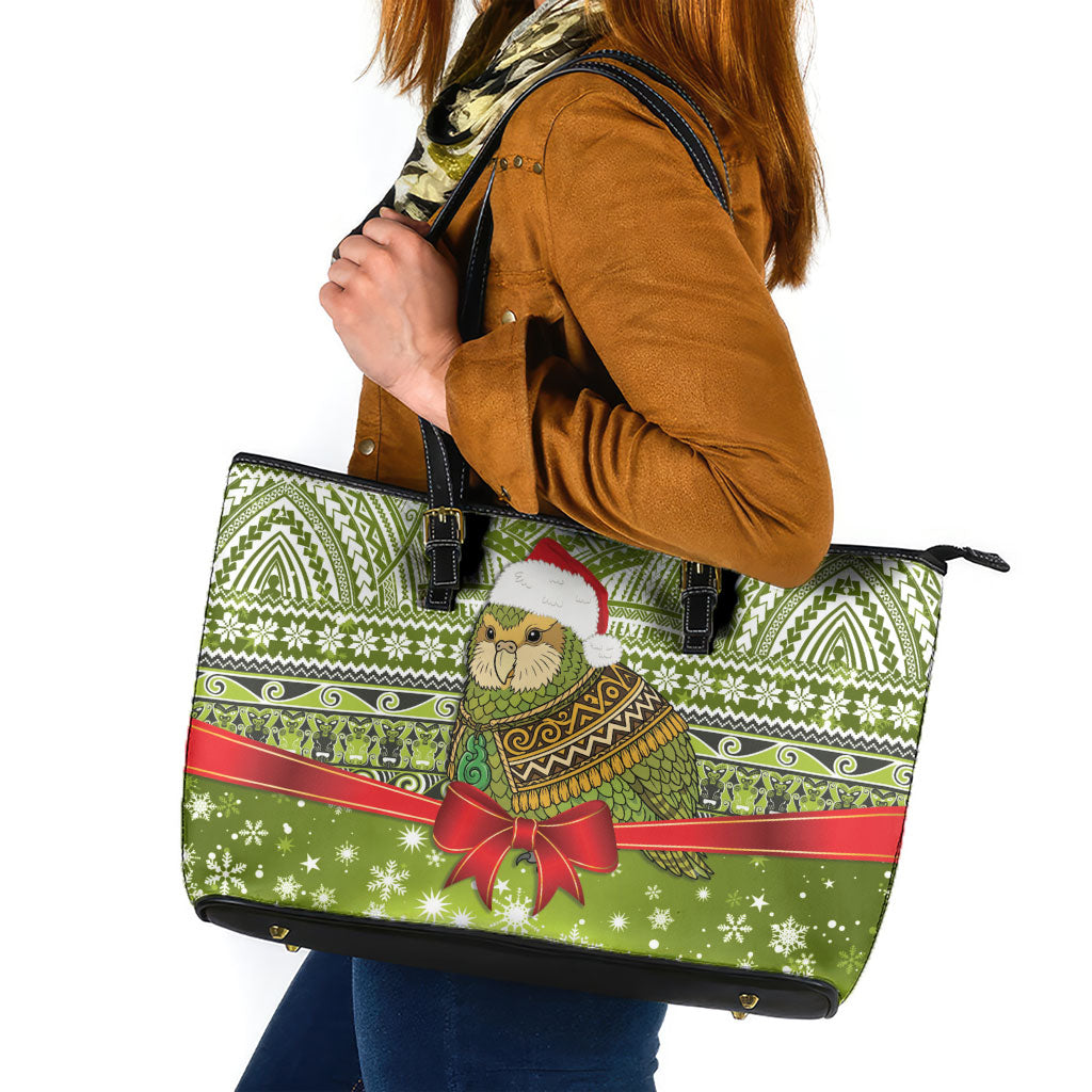 New Zealand Kakapo Christmas Leather Tote Bag Maori Inspired Knitted Patterns