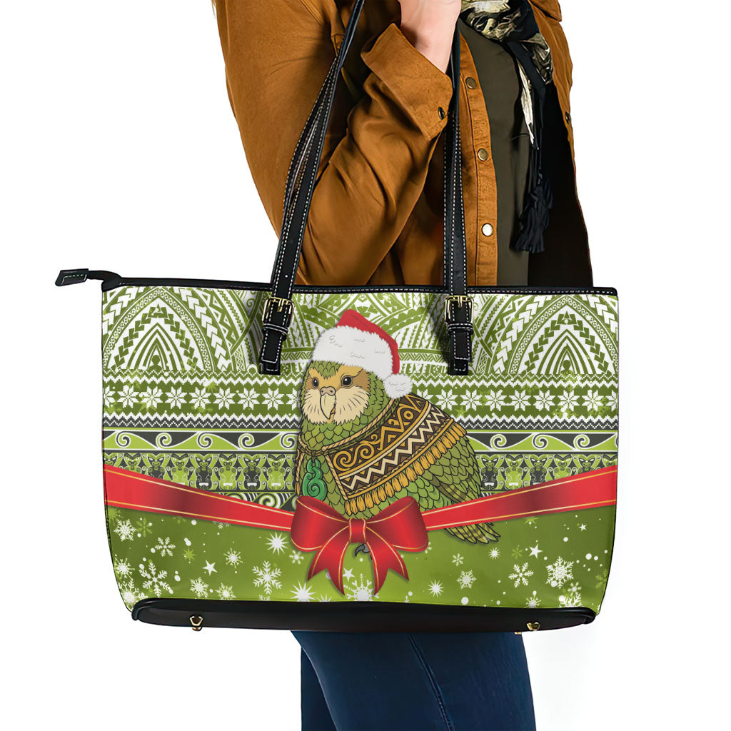 New Zealand Kakapo Christmas Leather Tote Bag Maori Inspired Knitted Patterns