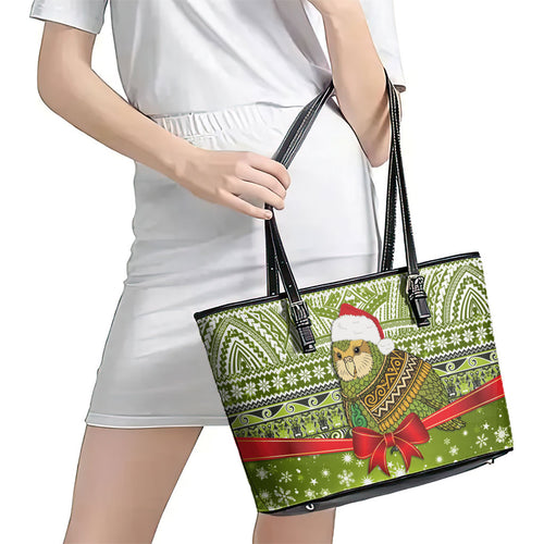 New Zealand Kakapo Christmas Leather Tote Bag Maori Inspired Knitted Patterns