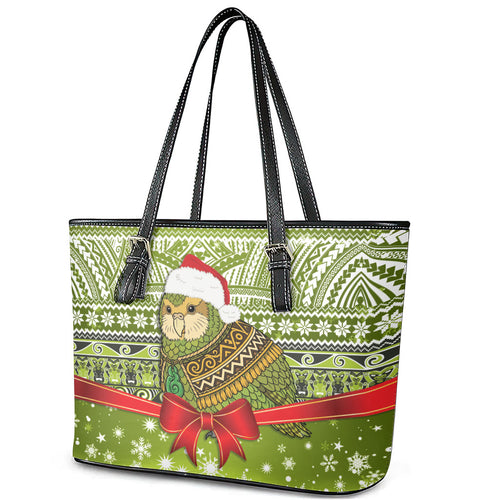 New Zealand Kakapo Christmas Leather Tote Bag Maori Inspired Knitted Patterns