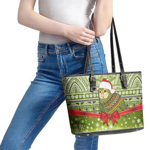 New Zealand Kakapo Christmas Leather Tote Bag Maori Inspired Knitted Patterns