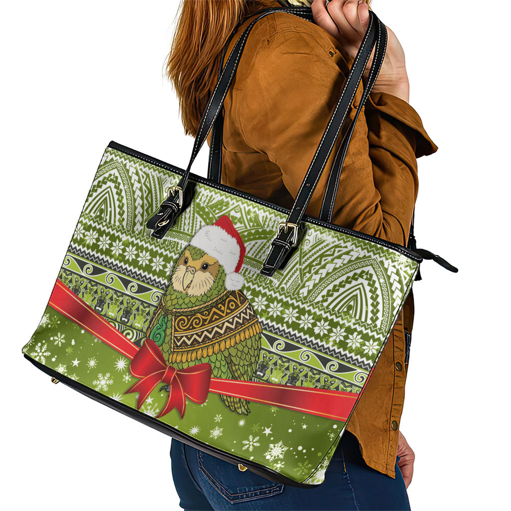New Zealand Kakapo Christmas Leather Tote Bag Maori Inspired Knitted Patterns