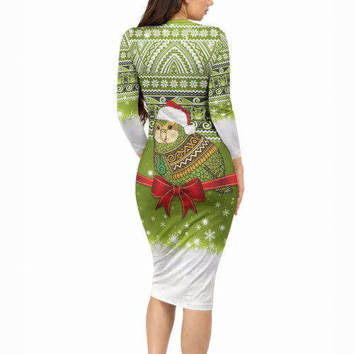 New Zealand Kakapo Christmas Long Sleeve Bodycon Dress Maori Inspired Knitted Patterns