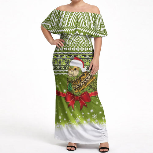 New Zealand Kakapo Christmas Off Shoulder Maxi Dress Maori Inspired Knitted Patterns