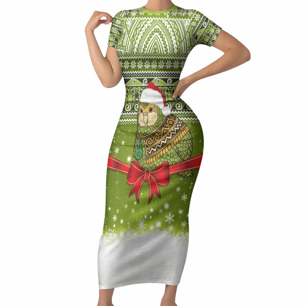 New Zealand Kakapo Christmas Short Sleeve Bodycon Dress Maori Inspired Knitted Patterns
