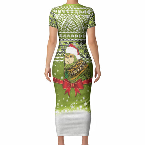 New Zealand Kakapo Christmas Short Sleeve Bodycon Dress Maori Inspired Knitted Patterns