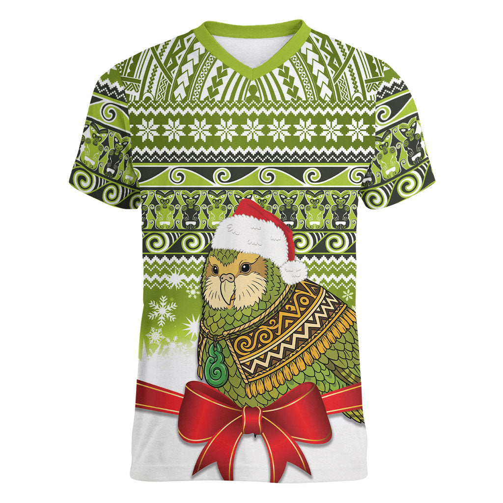New Zealand Kakapo Christmas Women V-Neck T-Shirt Maori Inspired Knitted Patterns