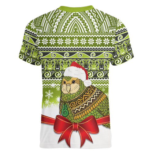New Zealand Kakapo Christmas Women V-Neck T-Shirt Maori Inspired Knitted Patterns