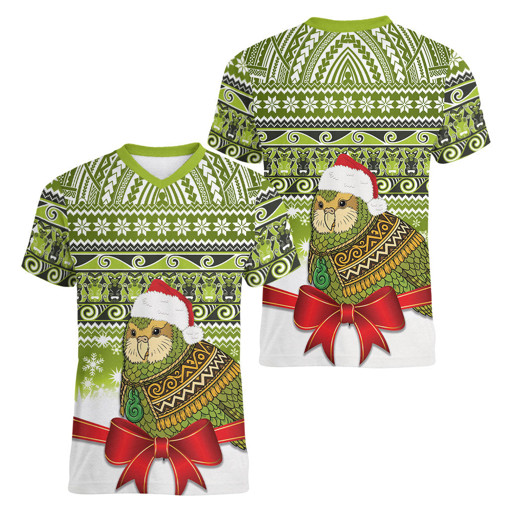 New Zealand Kakapo Christmas Women V-Neck T-Shirt Maori Inspired Knitted Patterns