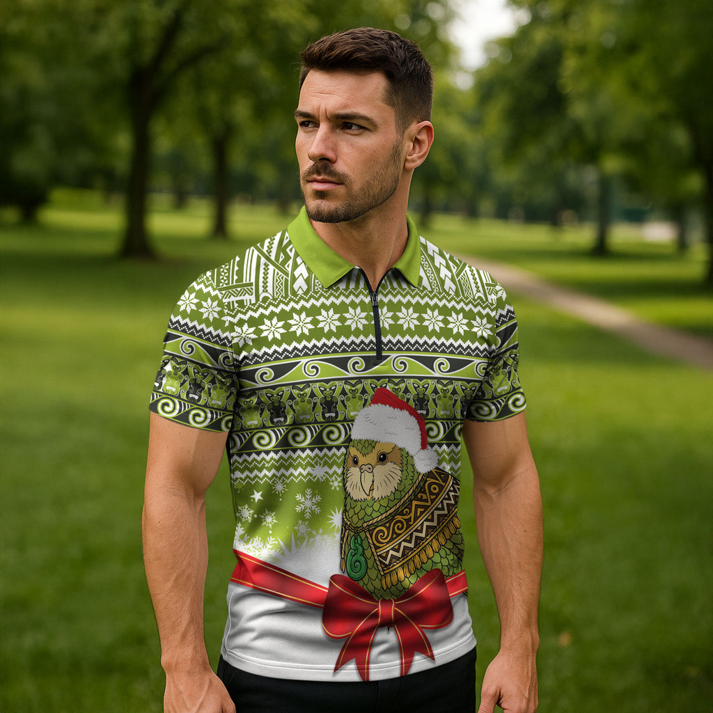 New Zealand Kakapo Christmas Zipper Polo Shirt Maori Inspired Knitted Patterns